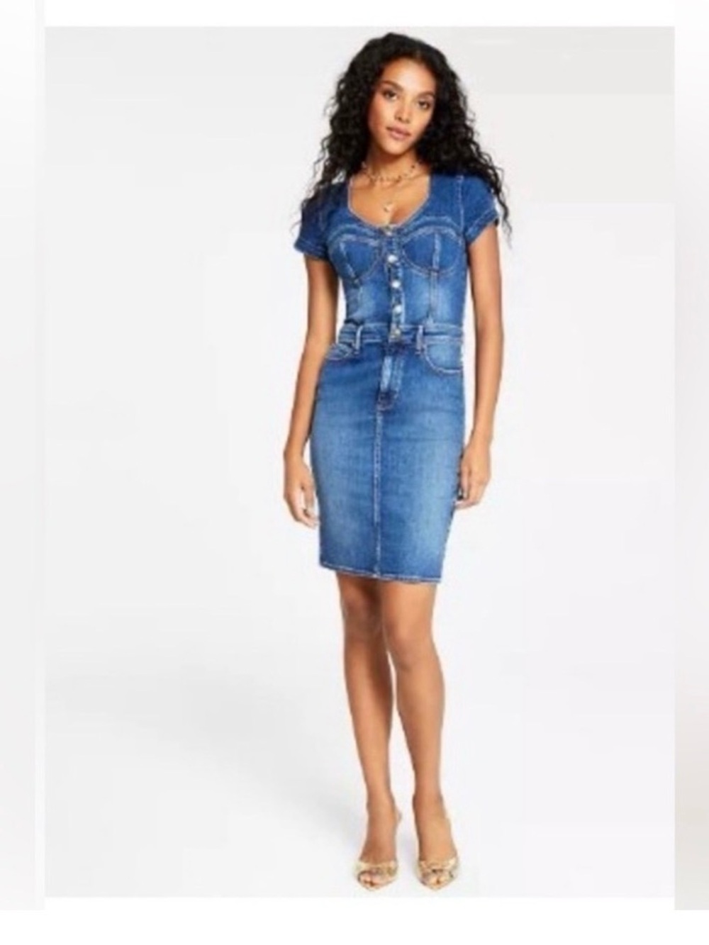 Like new guess bustier Denim Button-Front Short Sleeve Dress Blue stretch denim